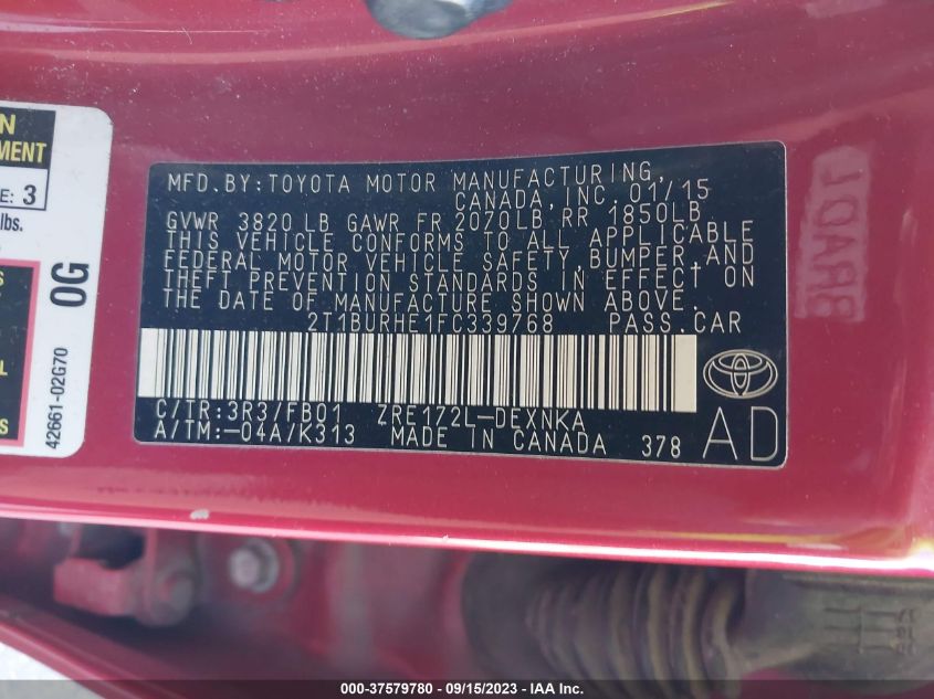 2015 TOYOTA COROLLA L/LE/S/S PLUS/LE PLUS - 2T1BURHE1FC339768