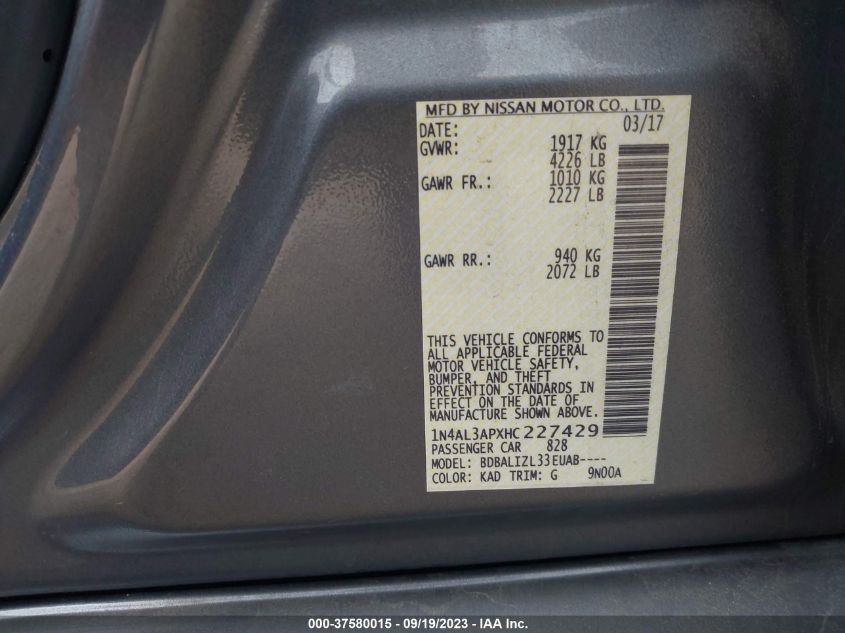 2017 NISSAN ALTIMA 2.5/S/SV/SL/SR - 1N4AL3APXHC227429