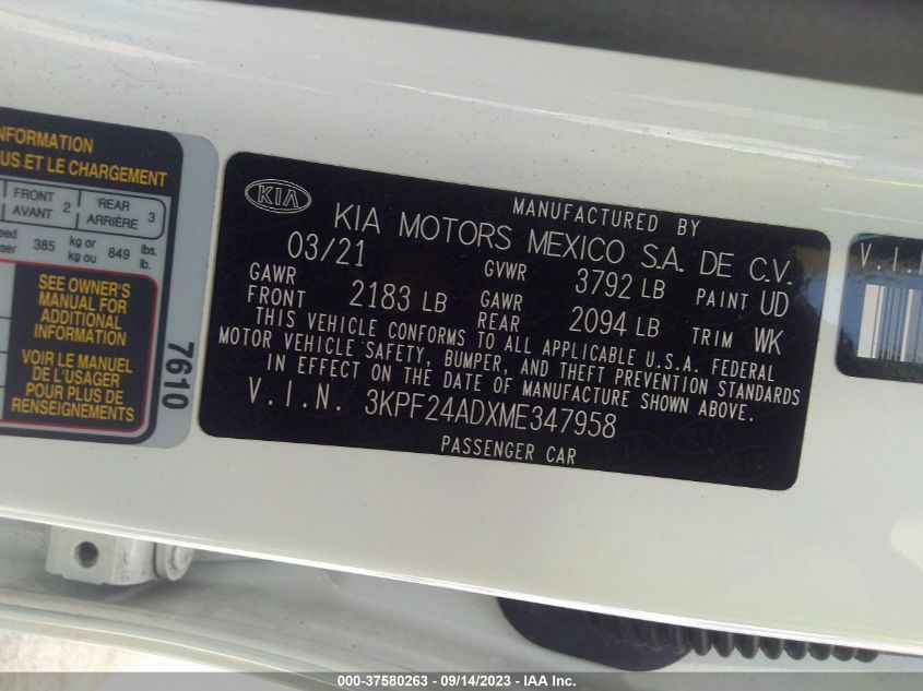 2021 KIA FORTE LXS - 3KPF24ADXME347958