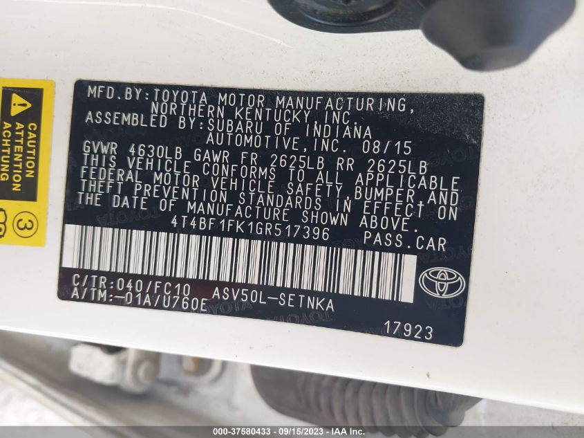 2016 TOYOTA CAMRY XLE/SE/LE/XSE - 4T4BF1FK1GR517396