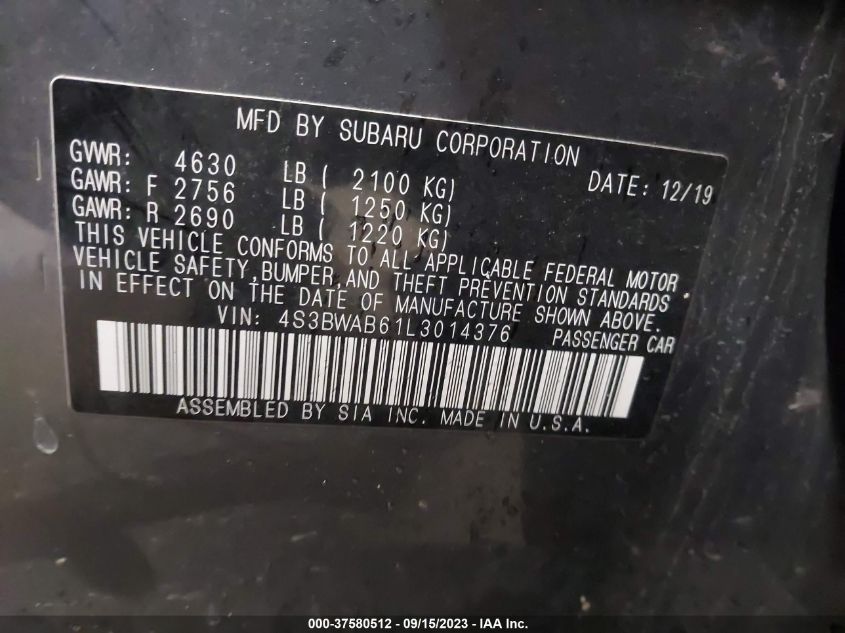 2020 SUBARU LEGACY - 4S3BWAB61L3014376