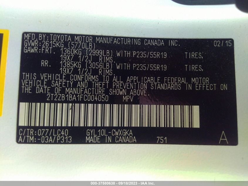 2015 LEXUS RX 450H 2T2ZB1BA1FC004050