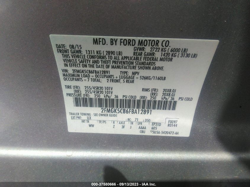 2015 FORD FLEX SEL 2FMGK5C86FBA12891