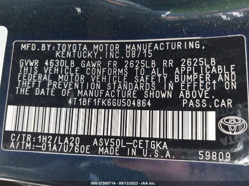 2016 TOYOTA CAMRY XLE - 4T1BF1FK6GU504864