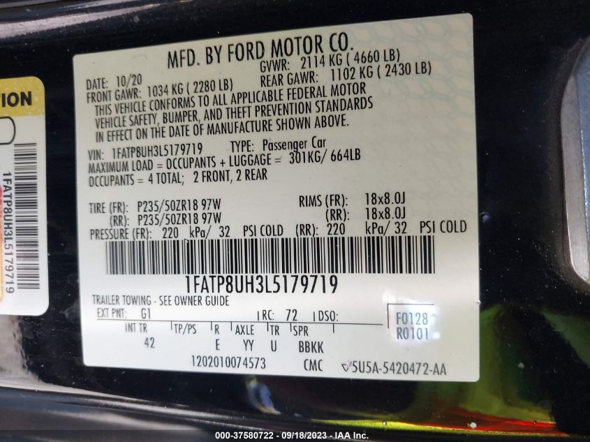 2020 FORD MUSTANG - 1FATP8UH3L5179719