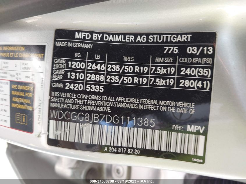 2013 MERCEDES-BENZ GLK 350 WDCGG8JB7DG111385
