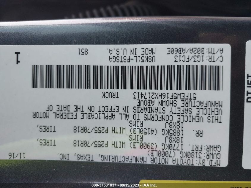 2017 TOYOTA TUNDRA 2WD SR5 5TFEW5F16HX217413