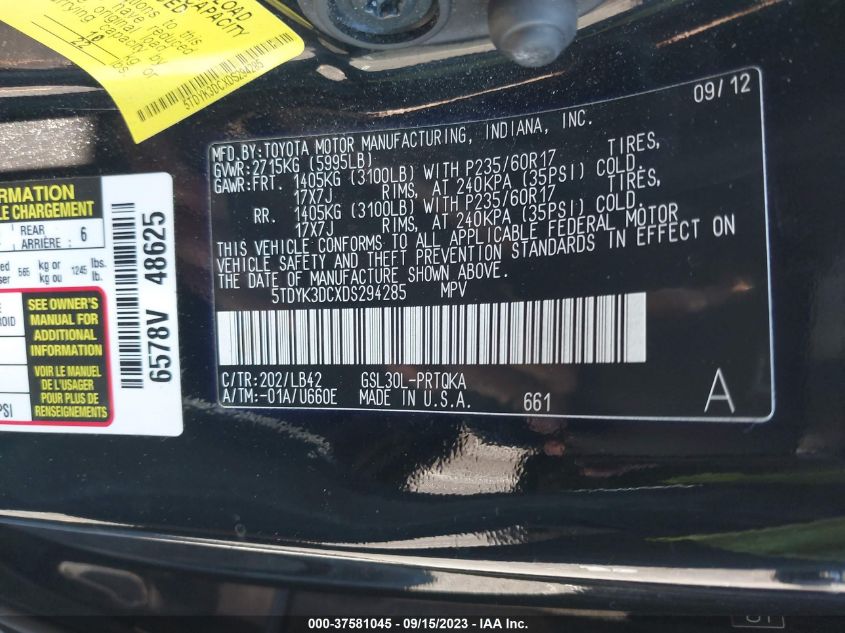 2013 TOYOTA SIENNA XLE AAS/XLE/LTD - 5TDYK3DCXDS294285
