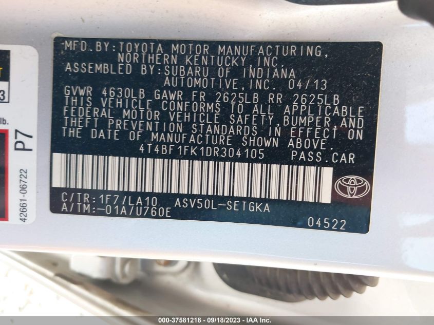 2013 TOYOTA CAMRY L/LE/SE/XLE - 4T4BF1FK1DR304105