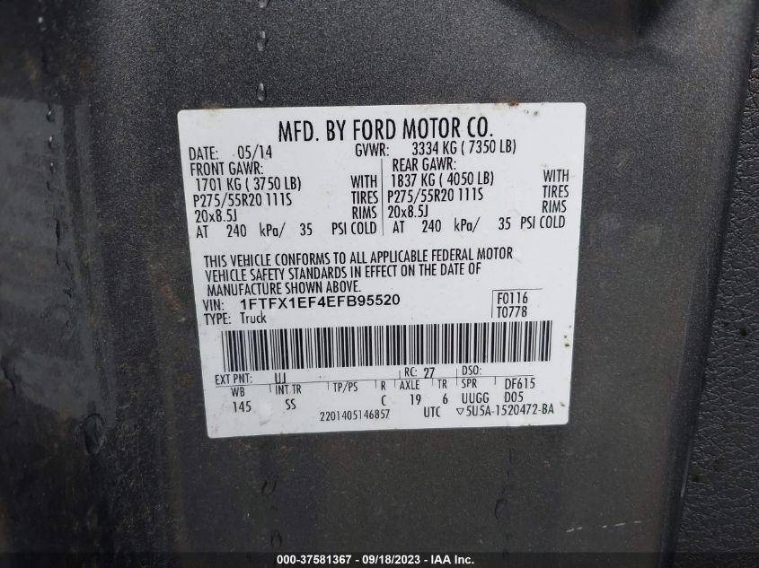 2014 FORD F-150 XL/XLT/STX/LARIAT/FX4 - 1FTFX1EF4EFB95520