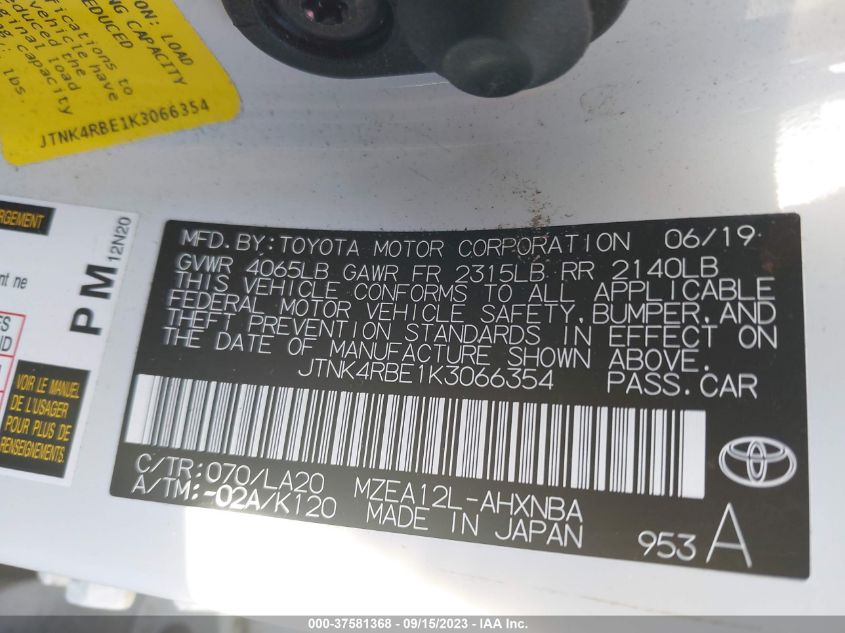 2019 TOYOTA COROLLA HATCHBACK SE/XSE JTNK4RBE1K3066354