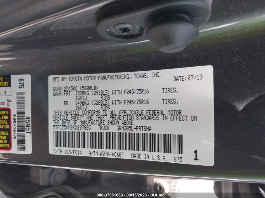 VIN 5TFCZ5AN2KX207803 2019 TOYOTA TACOMA 4WD SR/SR5/TRD SPORT