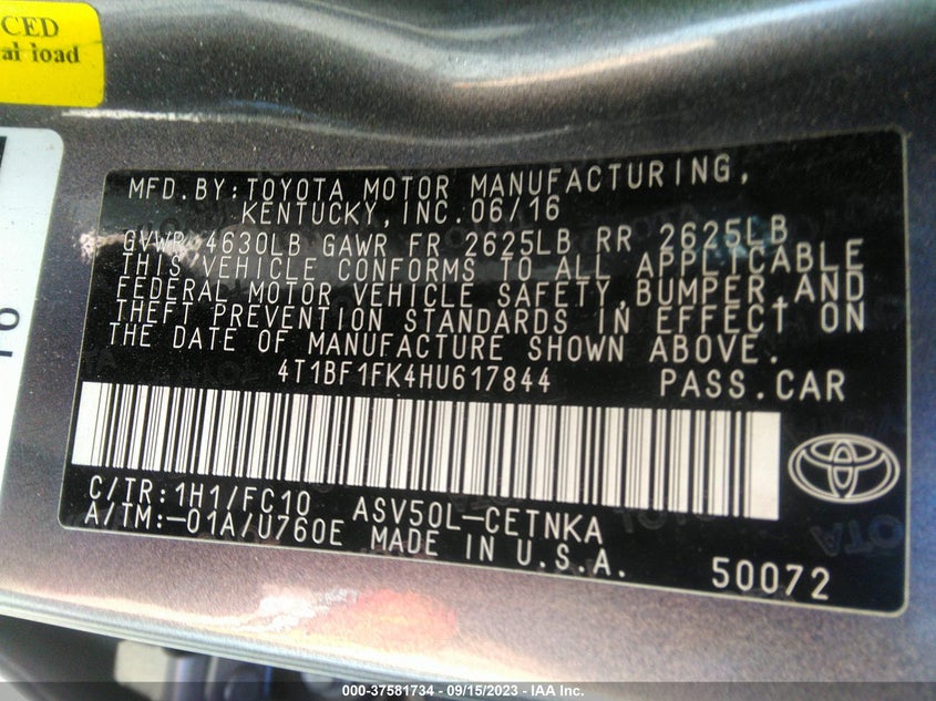 VIN 4T1BF1FK4HU617844 2017 TOYOTA CAMRY XLE/SE/LE/XSE