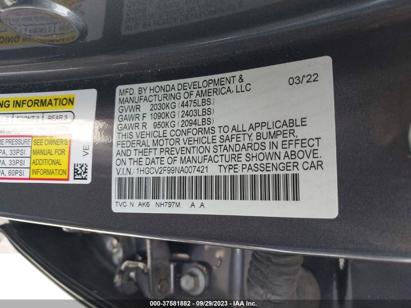 2022 HONDA ACCORD SEDAN TOURING - 1HGCV2F99NA007421