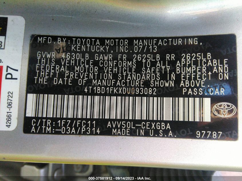 2013 TOYOTA CAMRY HYBRID LE/XLE - 4T1BD1FKXDU093082
