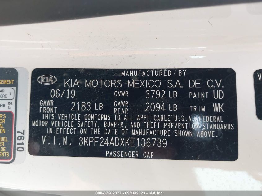 2019 KIA FORTE LXS - 3KPF24ADXKE136739