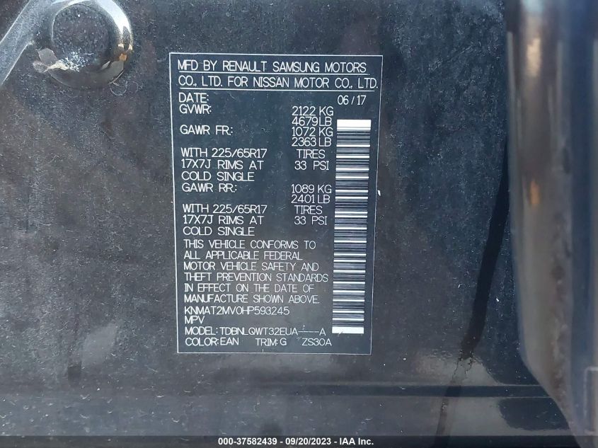 2017 NISSAN ROGUE SV - KNMAT2MV0HP593245