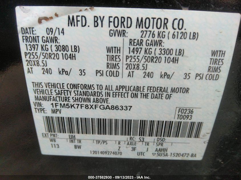 2015 FORD EXPLORER LIMITED - 1FM5K7F8XFGA86337