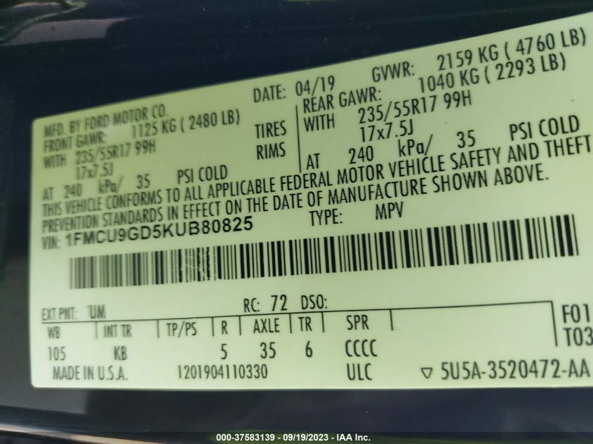 2019 FORD ESCAPE SE - 1FMCU9GD5KUB80825