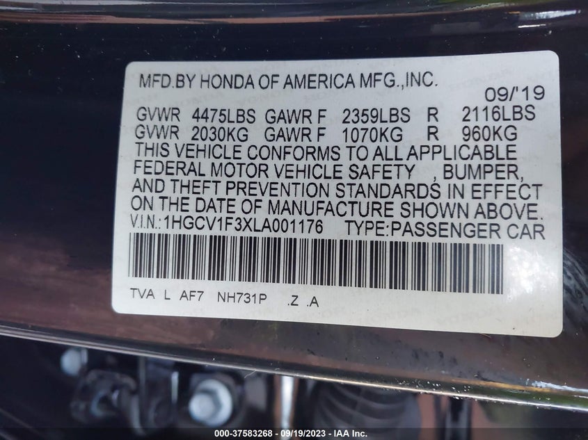 VIN 1HGCV1F3XLA001176 2020 HONDA ACCORD SEDAN SPORT