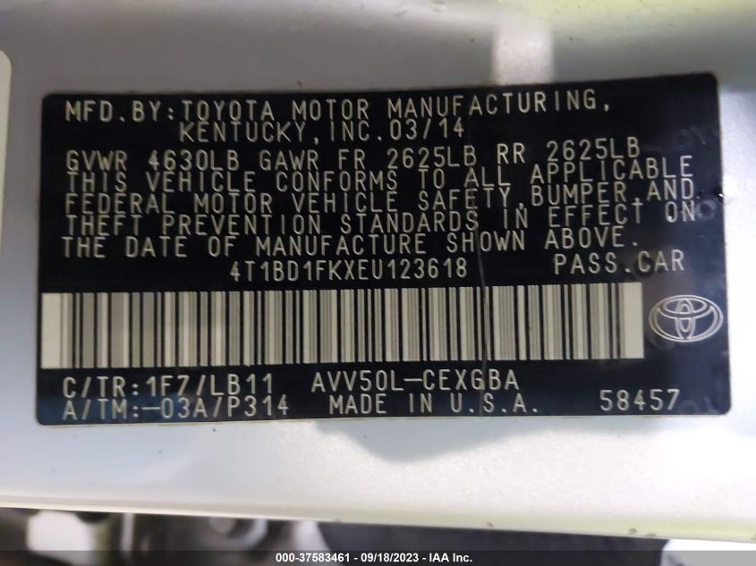 2014 TOYOTA CAMRY HYBRID LE/XLE/SE LIMITED EDITION - 4T1BD1FKXEU123618