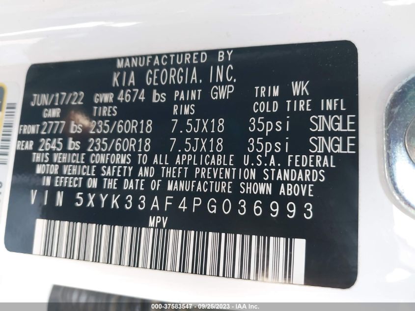 5XYK33AF4PG036993 Kia Sportage EX 9