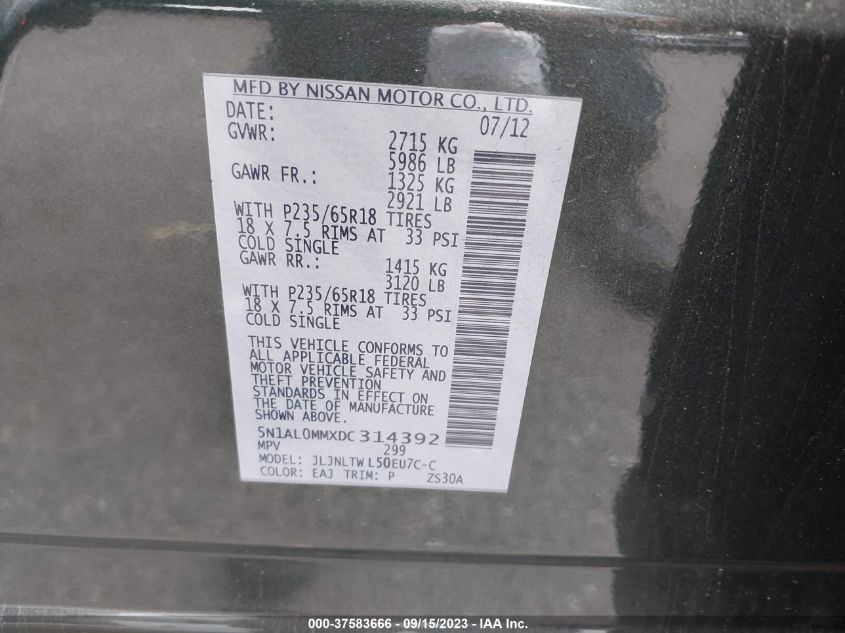 2013 INFINITI JX35 - 5N1AL0MMXDC314392