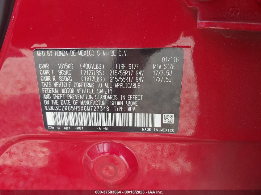 2016 HONDA HR-V EX - 3CZRU5H5XGM727348