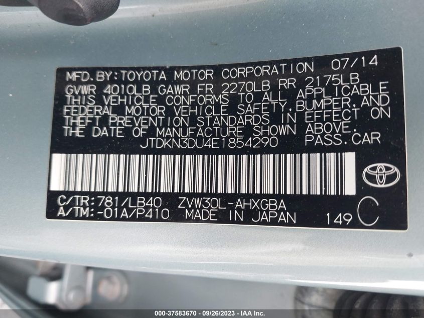 2014 TOYOTA PRIUS FOUR/FIVE/THREE/ONE/TWO - JTDKN3DU4E1854290