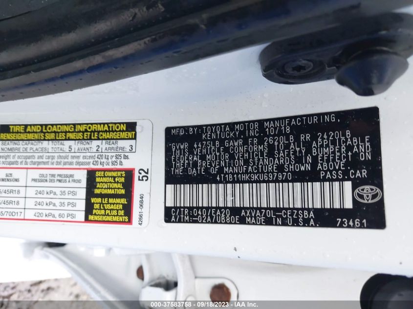 2019 TOYOTA CAMRY LE/SE/XLE/L - 4T1B11HK9KU697970