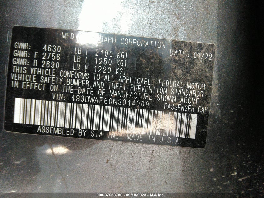 VIN 4S3BWAF60N3014009 2022 SUBARU LEGACY PREMIUM
