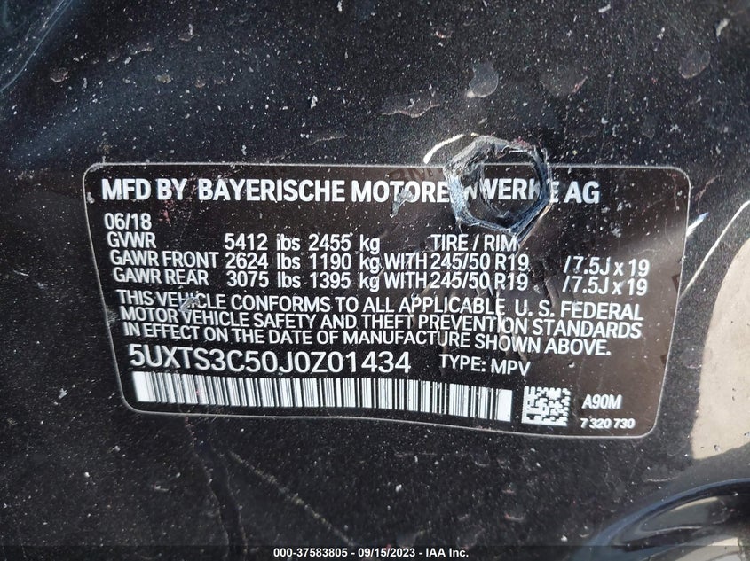 VIN 5UXTS3C50J0Z01434 2018 BMW X3 M40I
