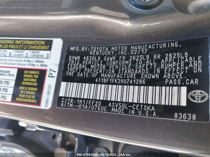 2017 TOYOTA CAMRY XLE/SE/LE/XSE - 4T1BF1FK2HU741286