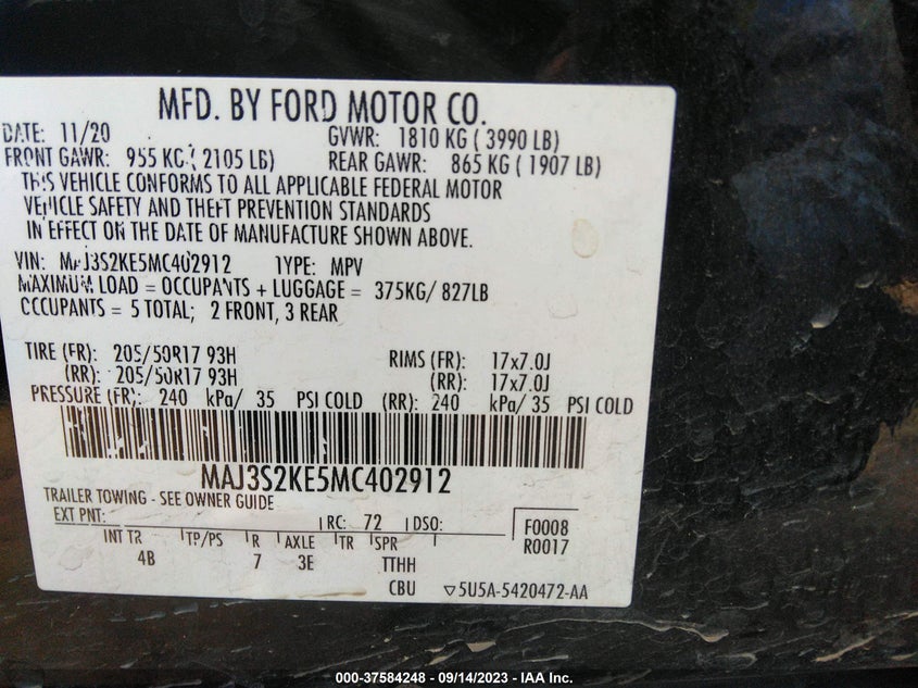 VIN MAJ3S2KE5MC402912 2021 FORD ECOSPORT TITANIUM