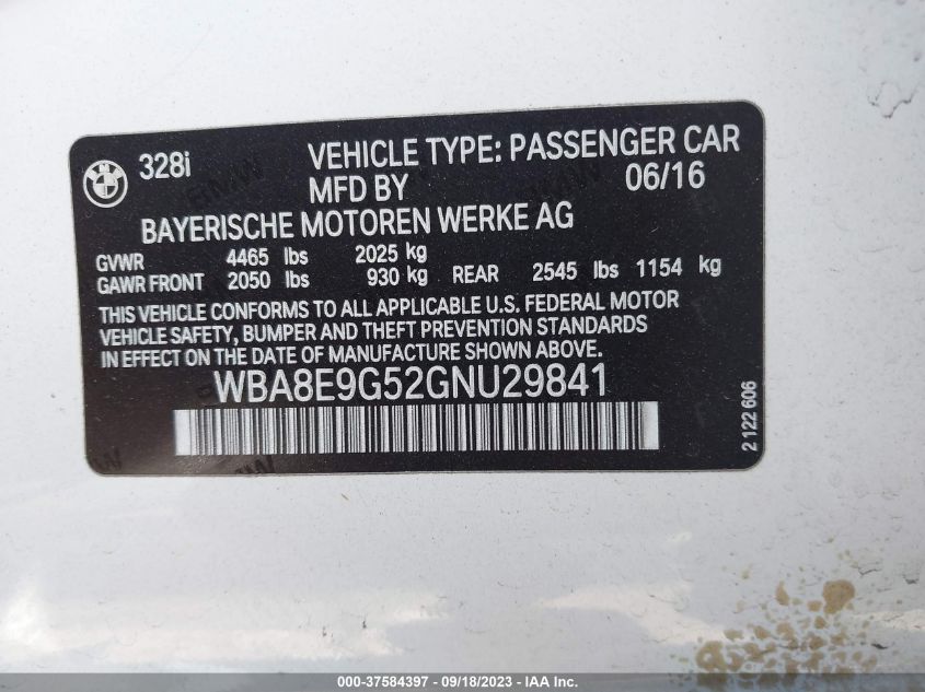 2016 BMW 328I - WBA8E9G52GNU29841