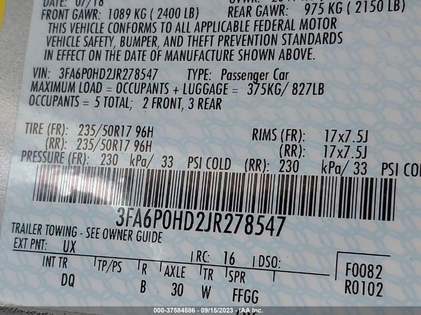 2018 FORD FUSION SE - 3FA6P0HD2JR278547