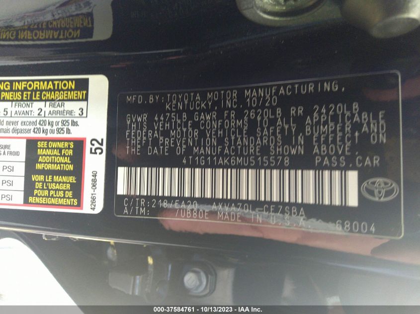2021 TOYOTA CAMRY SE/SE NIGHT SHADE - 4T1G11AK6MU515578