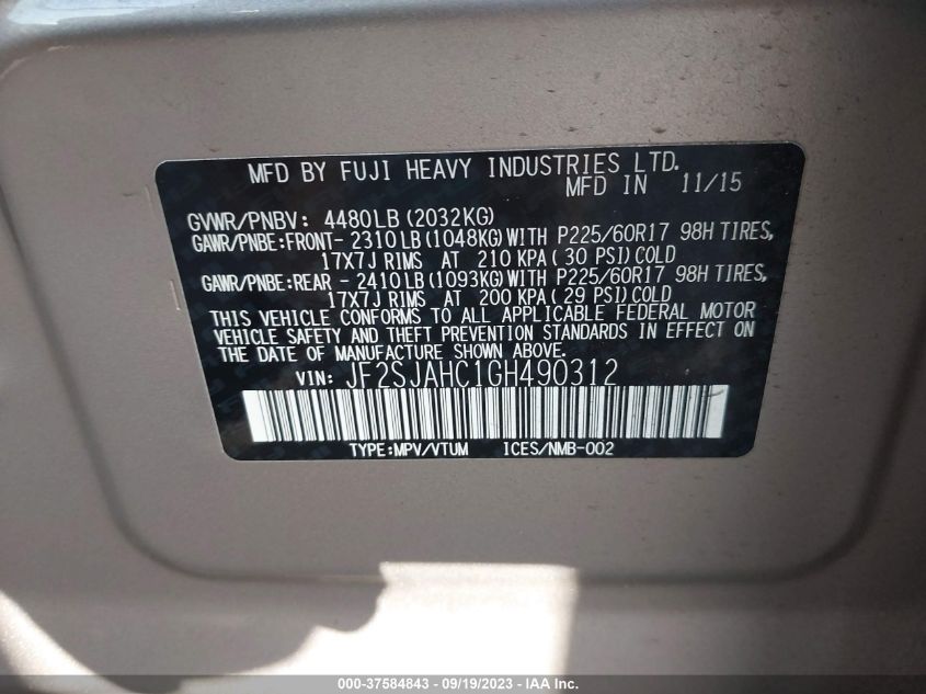 2016 SUBARU FORESTER 2.5I LIMITED - JF2SJAHC1GH490312