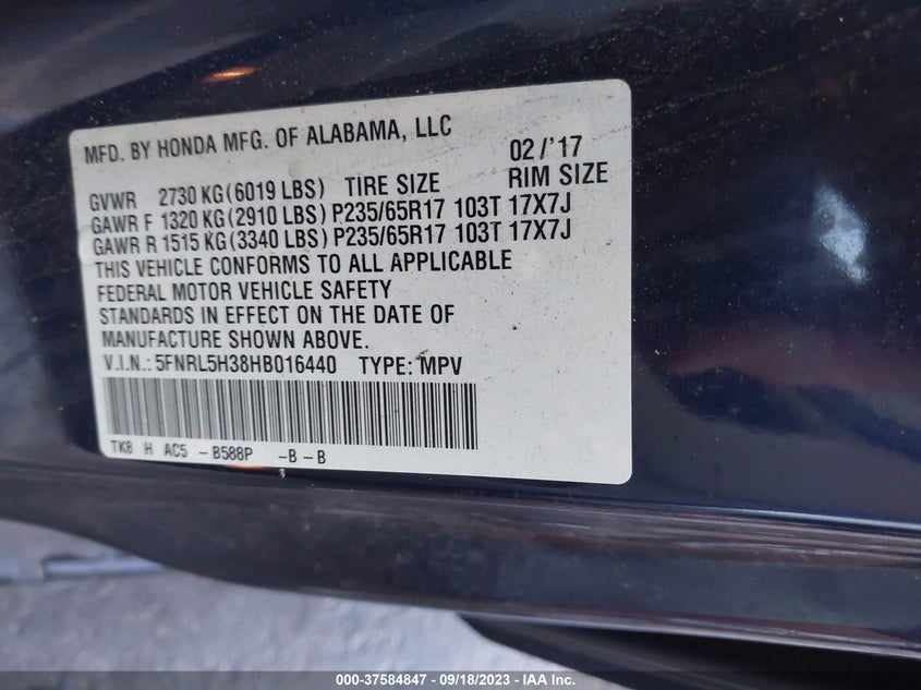 VIN 5FNRL5H38HB016440 2017 HONDA ODYSSEY SE