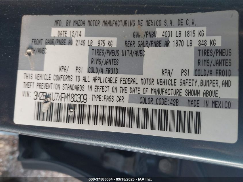 2015 MAZDA MAZDA3 I SPORT - 3MZBM1U7XFM180309