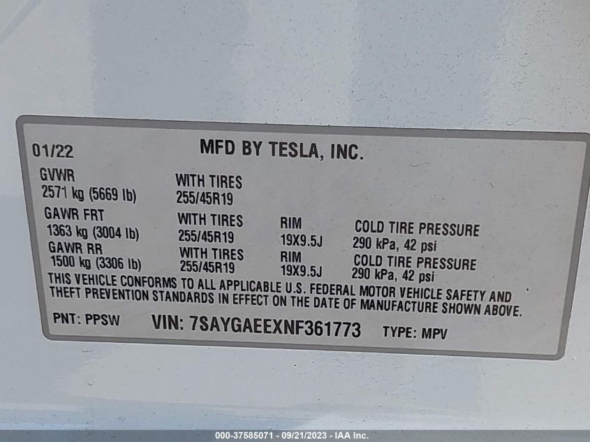 VIN 7SAYGAEEXNF361773 2022 TESLA MODEL Y LONG RANGE