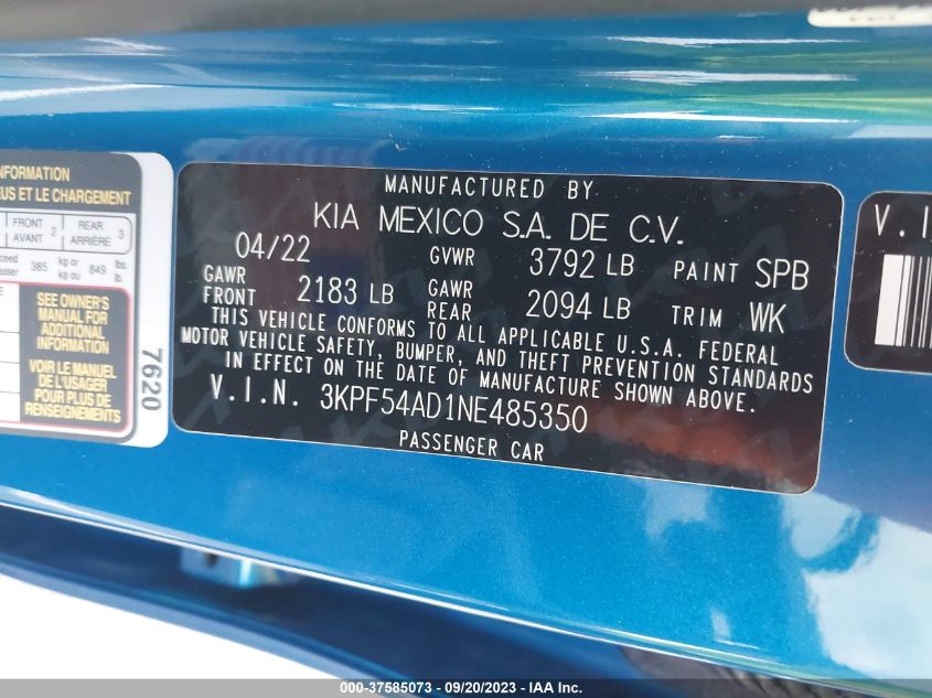 2022 KIA FORTE GT-LINE - 3KPF54AD1NE485350