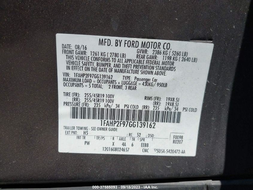 2016 FORD TAURUS LIMITED - 1FAHP2F97GG139162