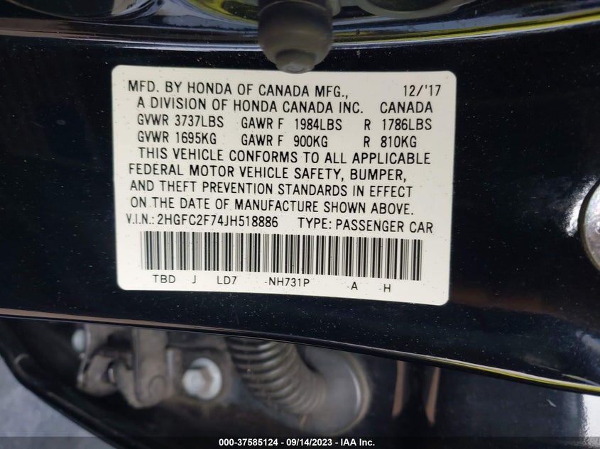 VIN 2HGFC2F74JH518886 2018 HONDA CIVIC SEDAN EX