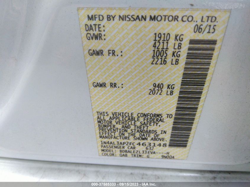 2015 NISSAN ALTIMA 2.5 S - 1N4AL3AP2FC463148