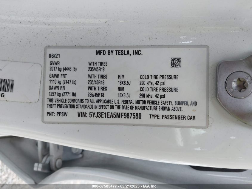 2021 TESLA MODEL 3 STANDARD RANGE PLUS - 5YJ3E1EA5MF987580