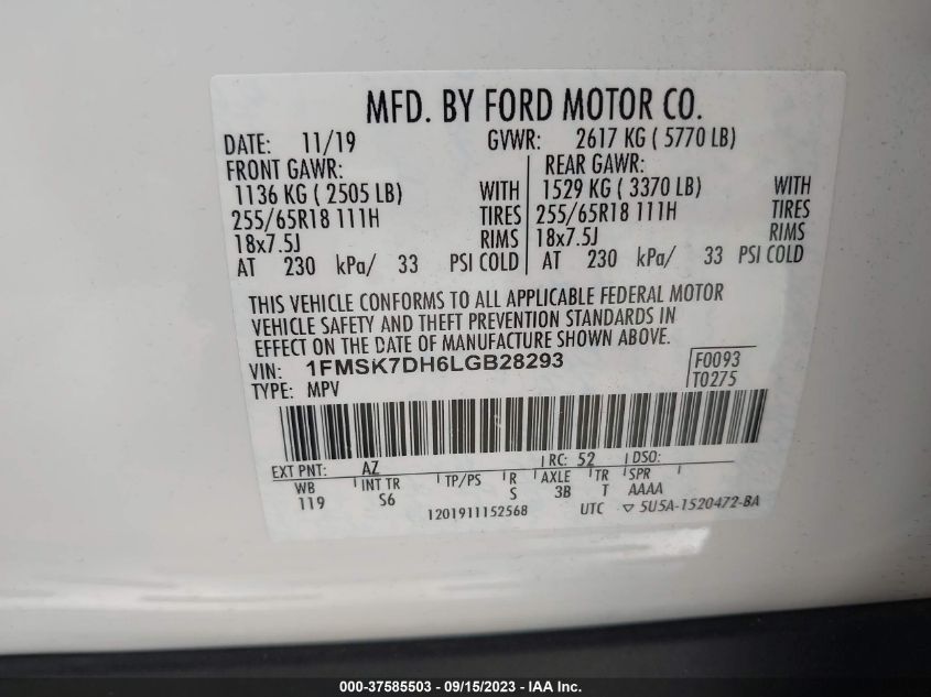 2020 FORD EXPLORER XLT - 1FMSK7DH6LGB28293