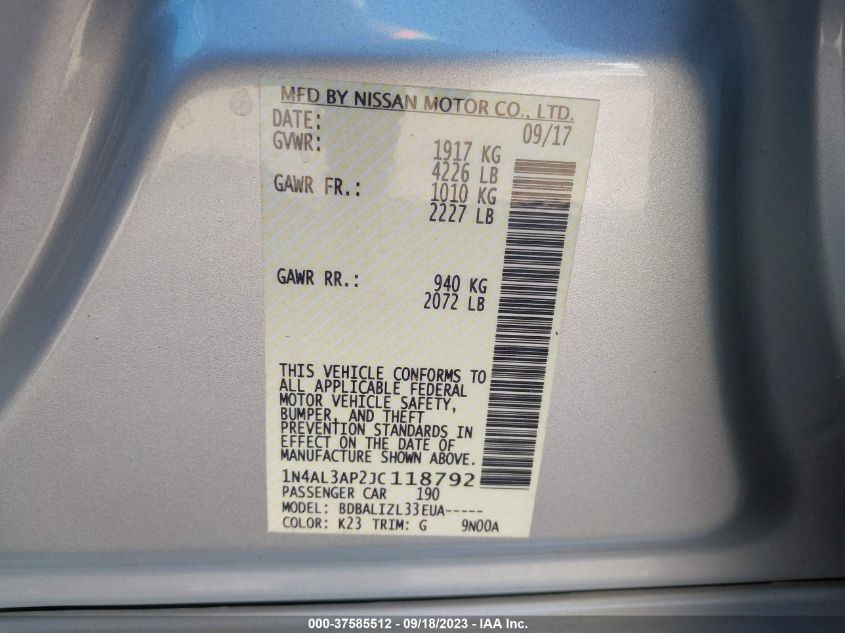2018 NISSAN ALTIMA 2.5 SV - 1N4AL3AP2JC118792