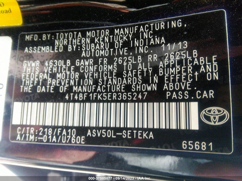 2014 TOYOTA CAMRY L/LE/XLE/SE/SE SPORT - 4T4BF1FK5ER365247