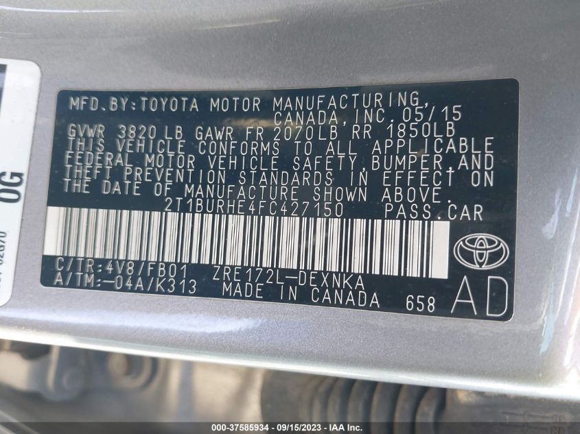 2015 TOYOTA COROLLA L/LE/S/S PLUS/LE PLUS - 2T1BURHE4FC427150